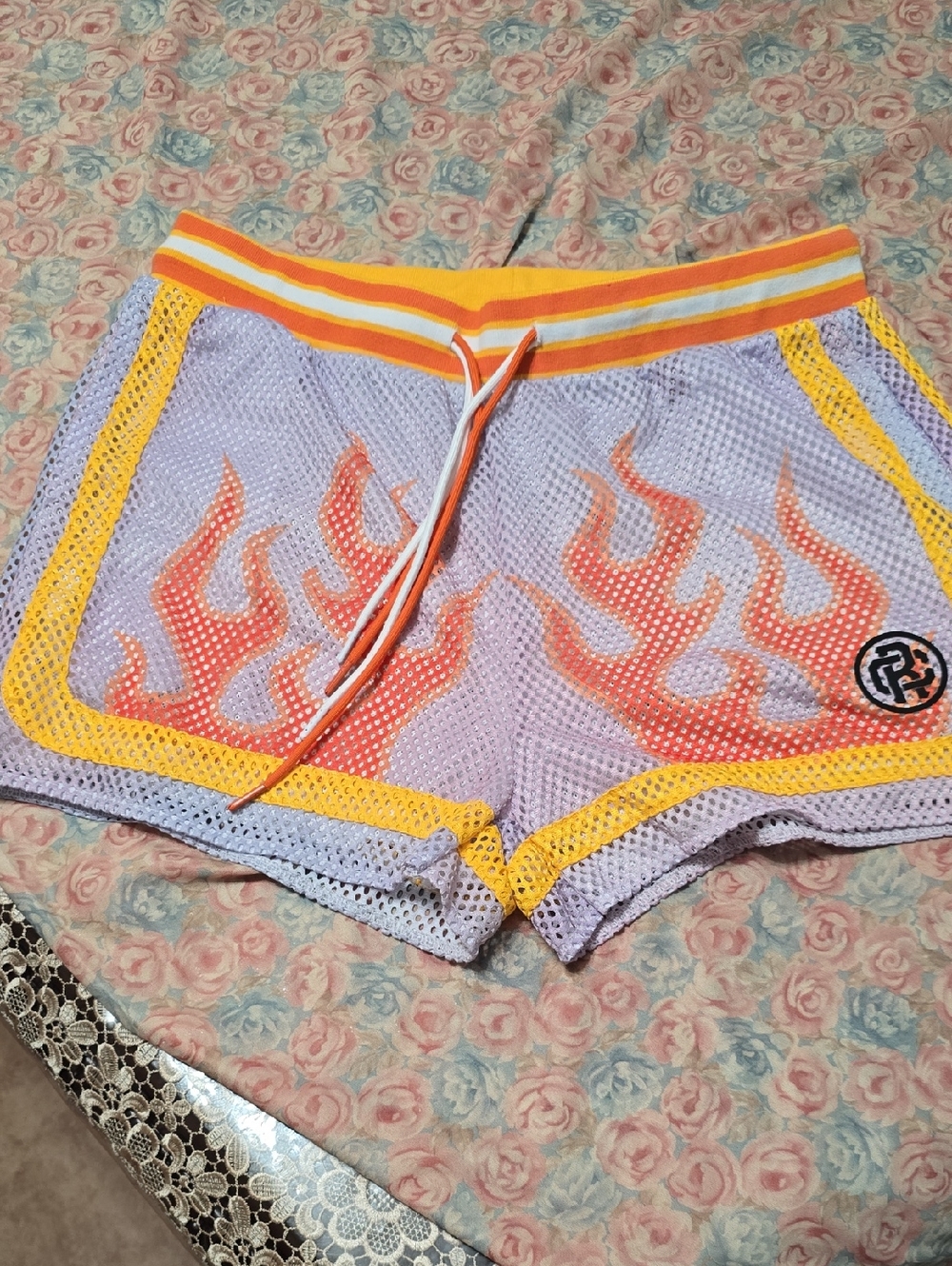 Lavender Mesh Shorts with Orange Flame Accent